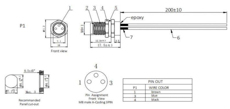 M8 3 Pin Male Panel Mount Connector with Cable – Panel Mount