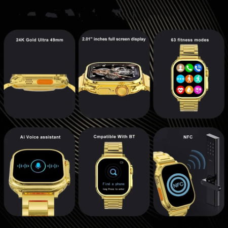 Golden Ultra Max 49mm Double Strap Golden Bracelet and Black Silicon strap Smart Watch Image 