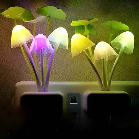 Magic 3D LED Night Lamp with Plug Smart Sensor auto On/Off and Color Change Mushroom Flowers (Pack of 2)