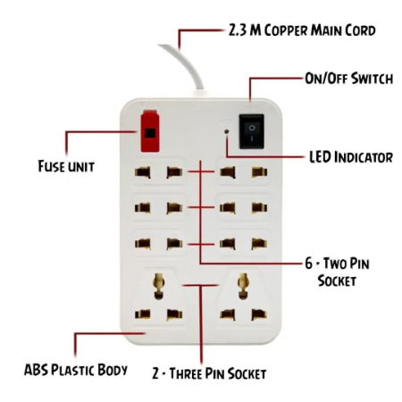 Extension Board 6 Socket 2 Pin & 2 Socket 3 Pin 230 CM Long Wire with Master Switch