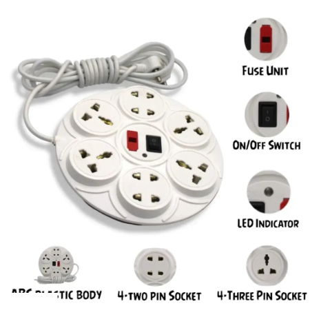 Extension Board Round 8+1 with 230 cm wire length 3 pin top without box with Master Switch (Pack of 3)