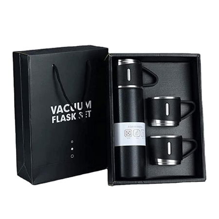  Vacuum Flask Set with 2 Cups, Insulated Double Wall Stainless Steel 500ml Tea Coffee Thermal Flask with 3 Cups Image 