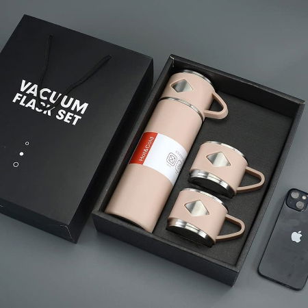  Vacuum Flask Set with 2 Cups, Insulated Double Wall Stainless Steel 500ml Tea Coffee Thermal Flask with 3 Cups Image