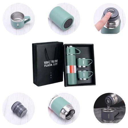  Vacuum Flask Set with 2 Cups, Insulated Double Wall Stainless Steel 500ml Tea Coffee Thermal Flask with 3 Cups Image 
