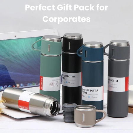  Vacuum Flask Set with 2 Cups, Insulated Double Wall Stainless Steel 500ml Tea Coffee Thermal Flask with 3 Cups Image 