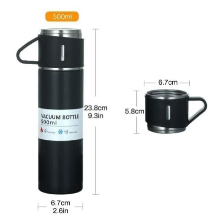  Vacuum Flask Set with 2 Cups, Insulated Double Wall Stainless Steel 500ml Tea Coffee Thermal Flask with 3 Cups Image 