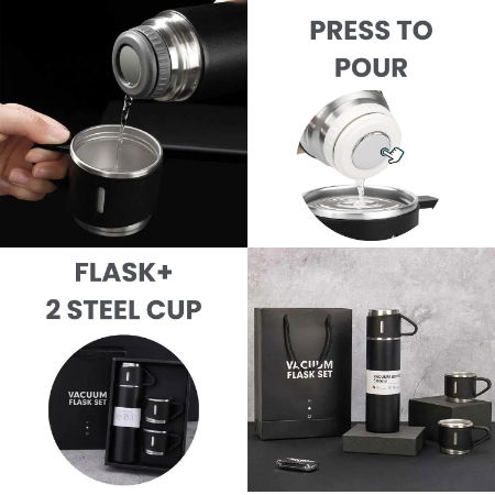  Vacuum Flask Set with 2 Cups, Insulated Double Wall Stainless Steel 500ml Tea Coffee Thermal Flask with 3 Cups Image 