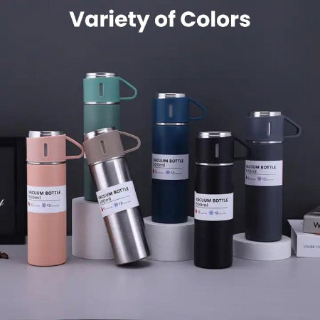  Vacuum Flask Set with 2 Cups, Insulated Double Wall Stainless Steel 500ml Tea Coffee Thermal Flask with 3 Cups