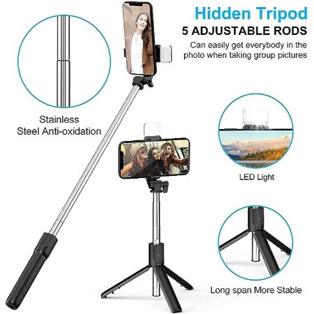 R1s Bluetooth Selfie Sticks with Remote and Selfie Light Image 