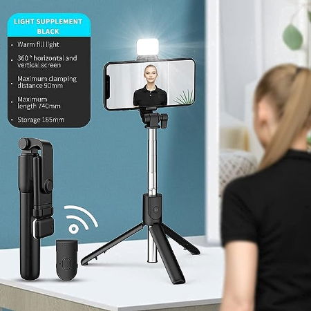 R1s Bluetooth Selfie Sticks with Remote and Selfie Light Image 