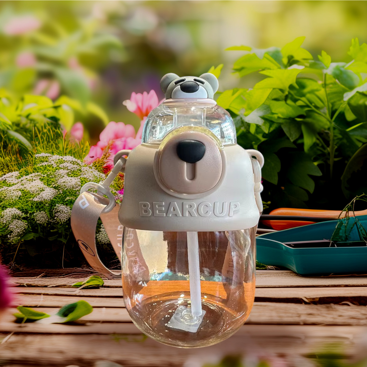 Cartoon Printed  Bear Water Bottle with Straw and Strap (Transparent) Image