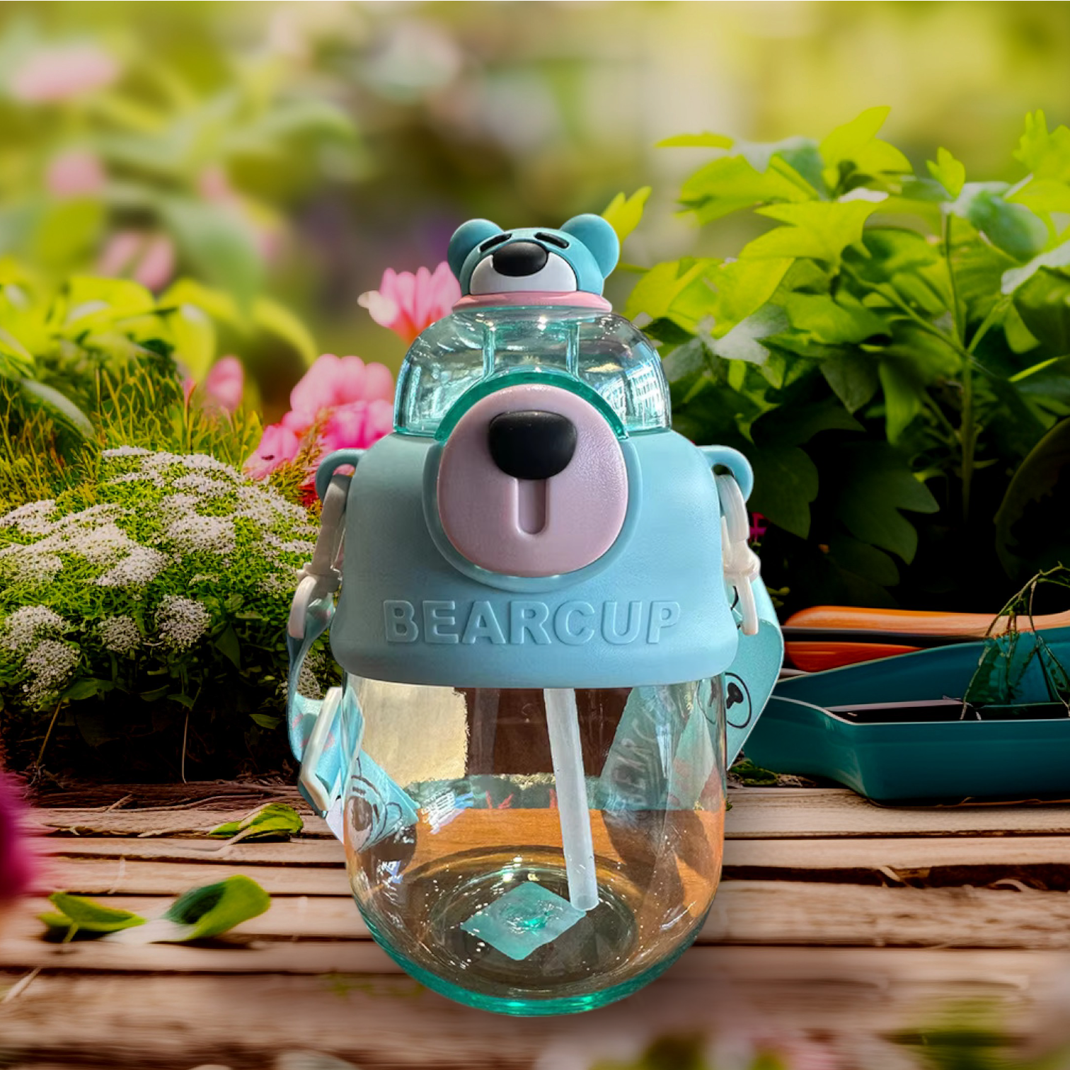 Cartoon Printed  Bear Water Bottle with Straw and Strap (Blue) Image