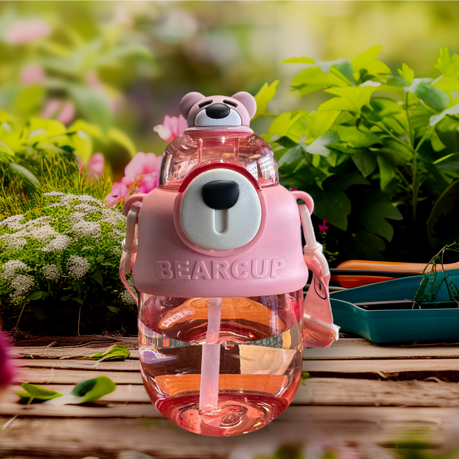 Cartoon Printed  Bear Water Bottle with Straw and Strap (PINK) Image