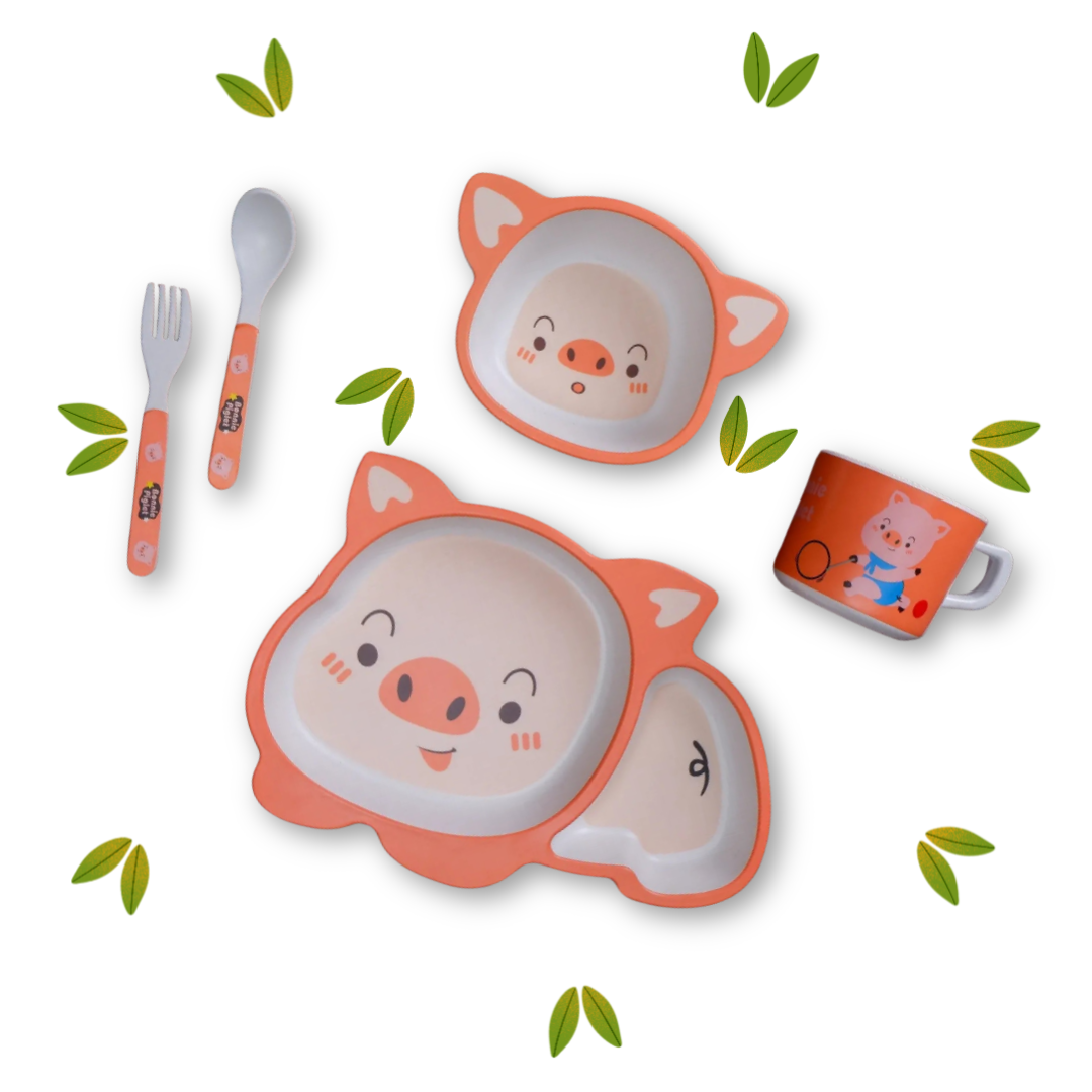 Kids Piggie Shaped Kids Bamboo Dinner Set Image