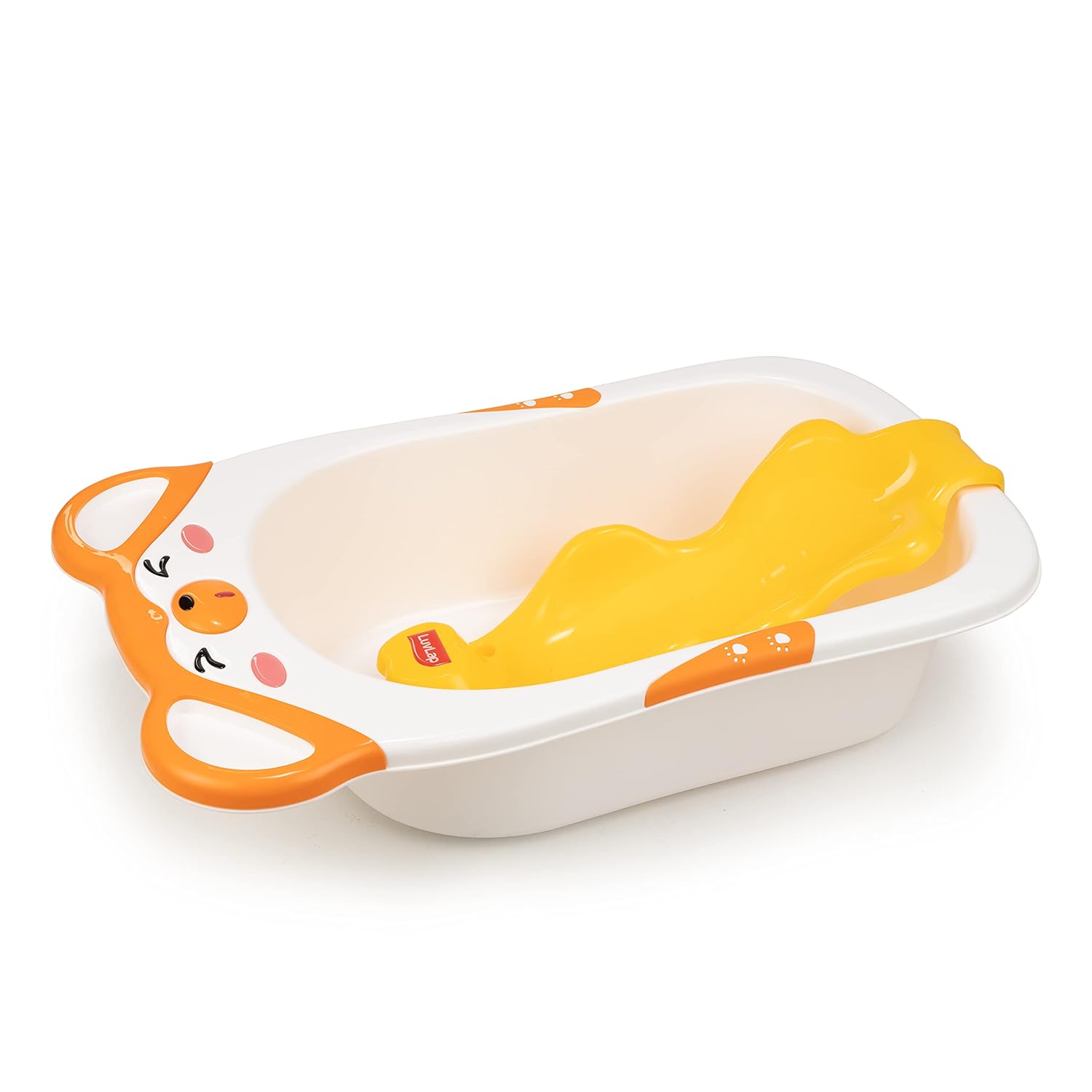 LuvLap Bubble Baby Bathtub (White & Orange) & Anti Slip Baby Plastic Bath Chair (Yellow), Bathtub with Drain Plug, Baby Bath Seat/Sling with Non Slip Suction Base, Baby Bathing Essential Image