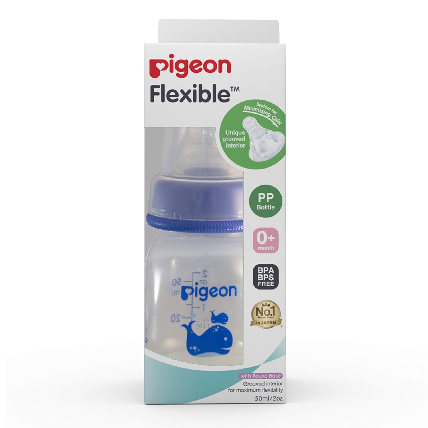 Pigeon Peristaltic Baby Nursing/Feeding Bottle RPP,For 0+ Month Babies,BPA Free,BPS Free,Whales Pattern,Blue,50 ml Image