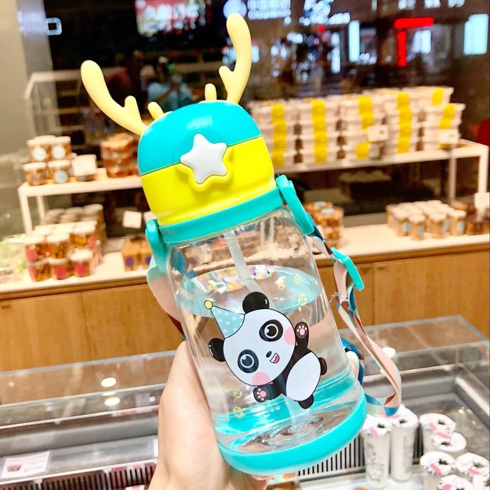 YBN Pink Cartoon Design Water Bottle with Straw & Strap BPA Free Non-Toxic, Anti-Leak Water Bottle for Kids, School, Home (700ML)| Plastic Image