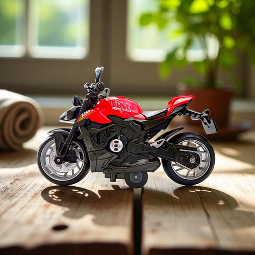1:18 Red Die-Cast Pull-Back Bike Toy with Horn, Lights & Rubber Tyres Image