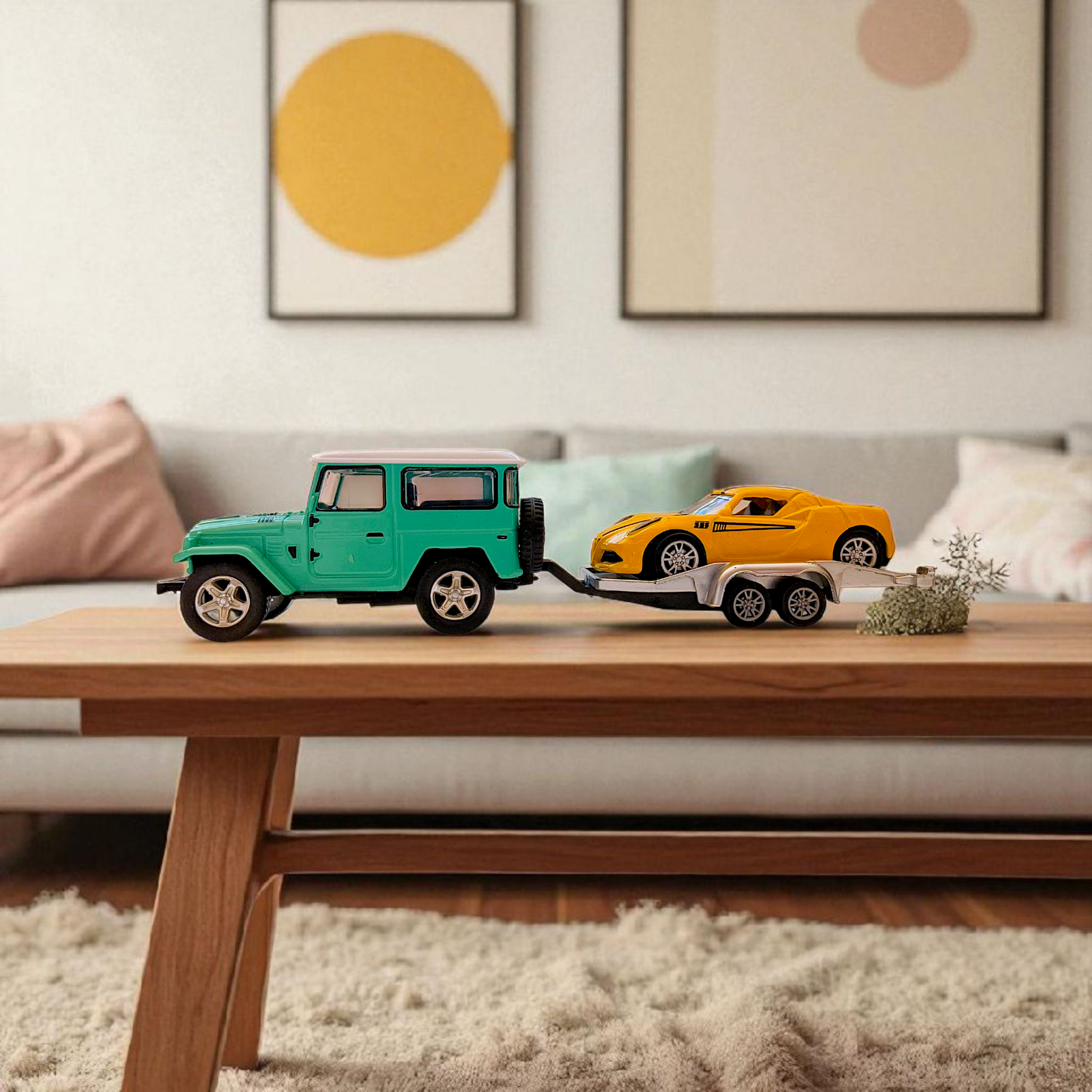 Diecast Jeep with Car Tower Trailer & Pull Back Racing Car – Detachable Playset Image