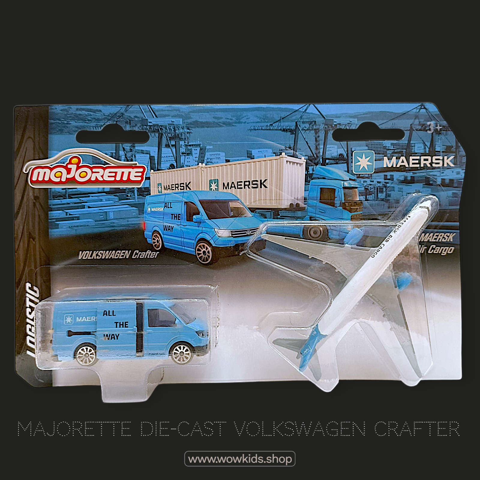 Majorette Die-Cast MAERSK Volkswagen Crafter & Cargo Plane Set – Miniature Air Freight Model for Kids & Collectors Image