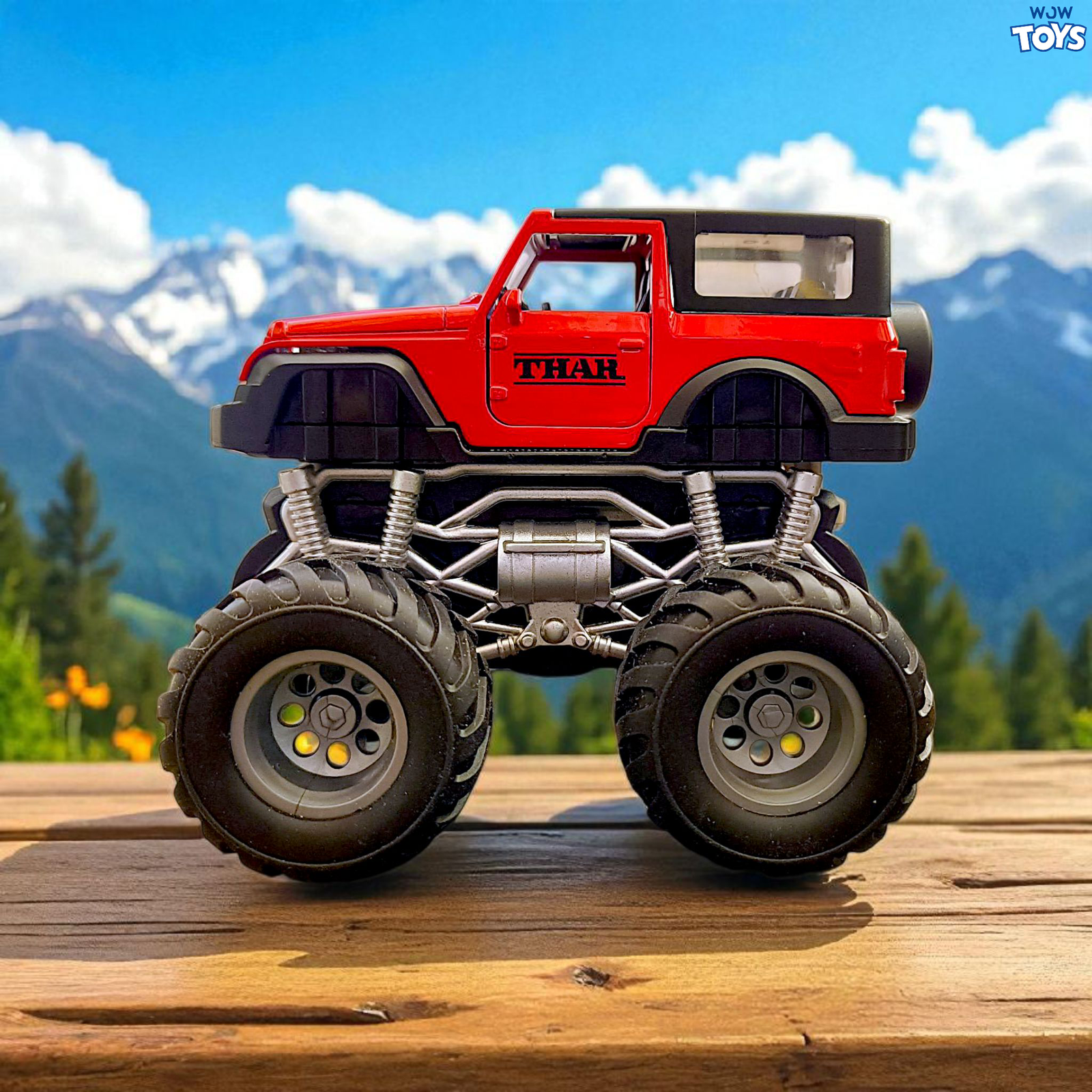 Die-Cast Mahindra Thar Monster Truck Toy – Friction Powered with Lights, Horn & Realistic Sound Image