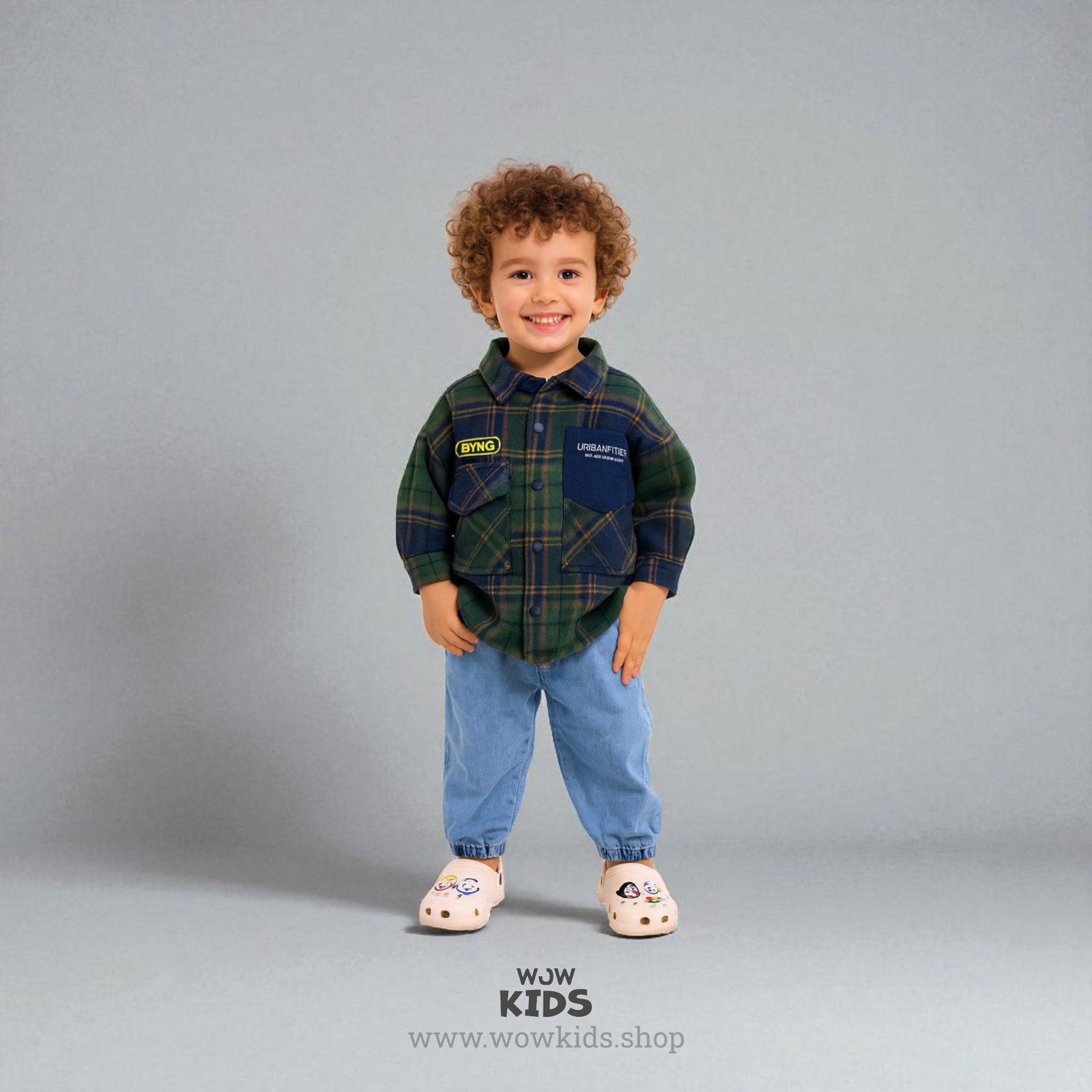 Unisex Kids Dark Green Corduroy Checkered Shirt | Korean Drop Shoulder Image