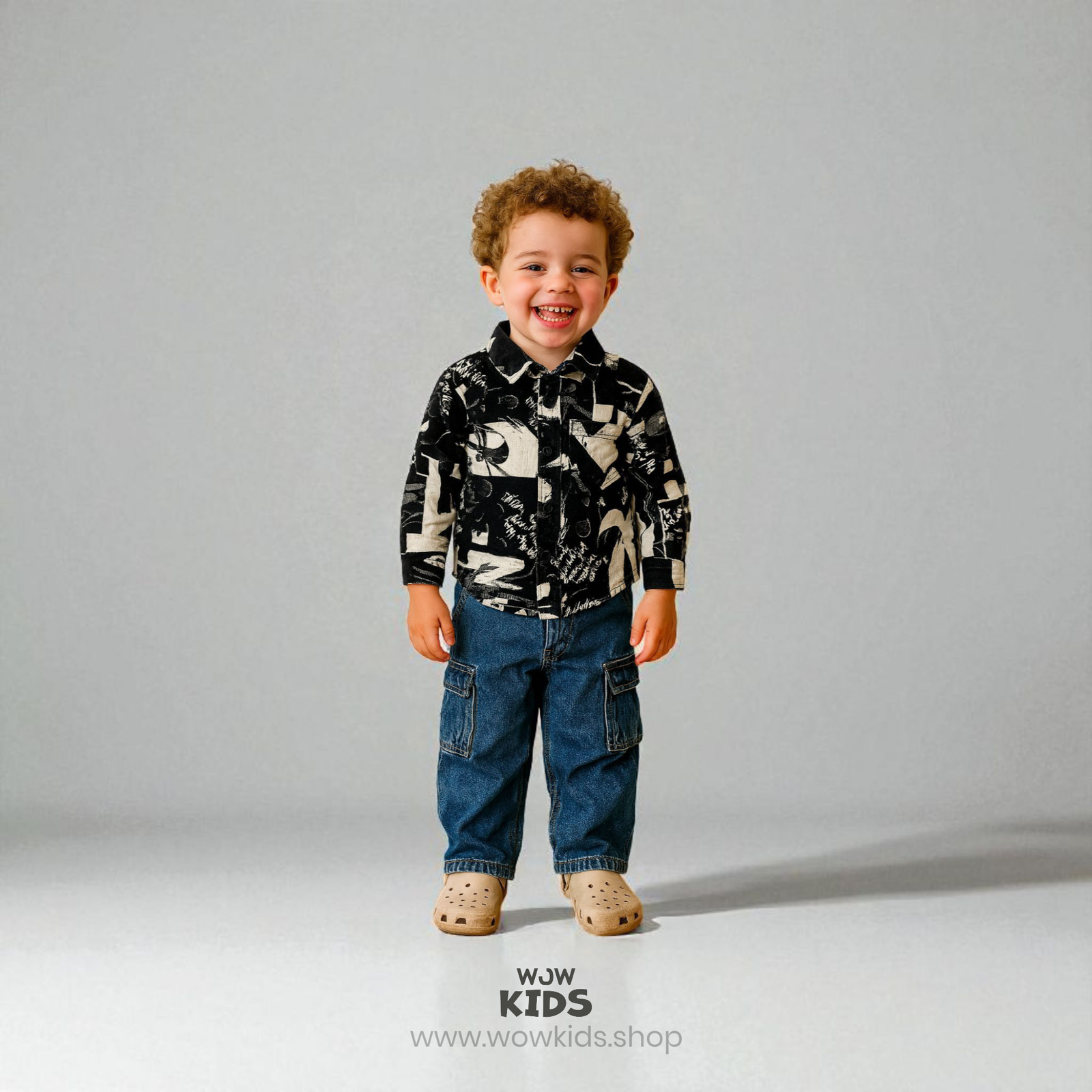 Unisex Kids Black & White Corduroy Printed Shirt | Premium Korean Fit Image