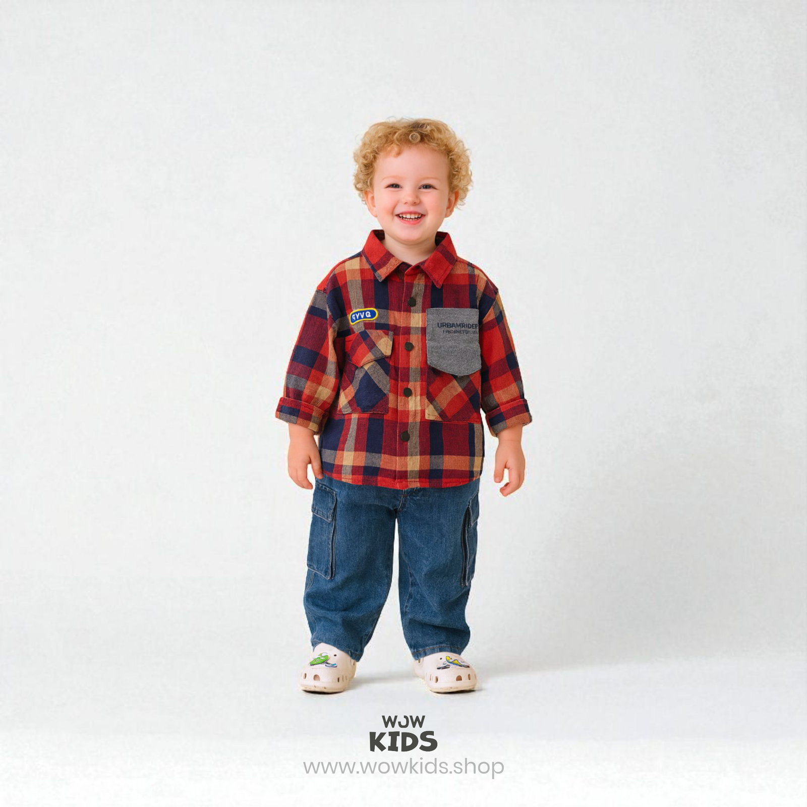 Unisex Kids Red Corduroy Checkered Shirt | Korean Drop Shoulder Style Image