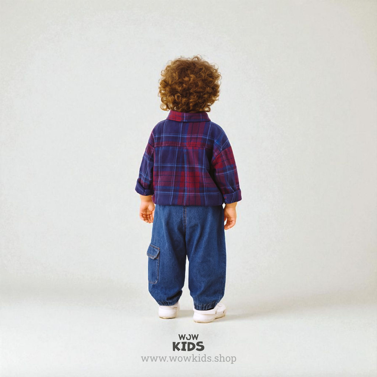 Unisex Kids Navy Corduroy Checkered Shirt | Trendy Korean Drop Shoulder Image