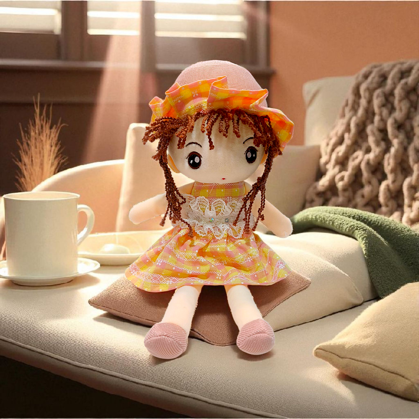 Cute Doll Soft Toy – 35cm Plush Girl Doll with Hat | Soft Microfiber Filled, Durable & Cuddly Toy for Kids Image