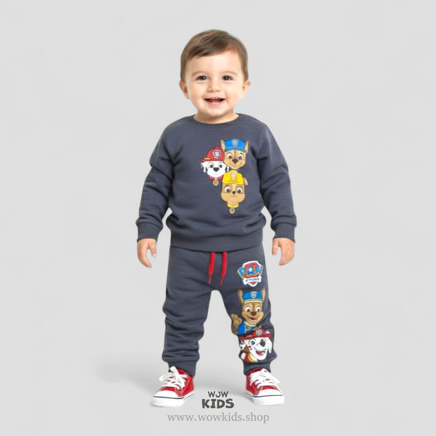 Kids Grey Cartoon Cord Set | 100% Cotton Loop Knit Soft Outfit Image