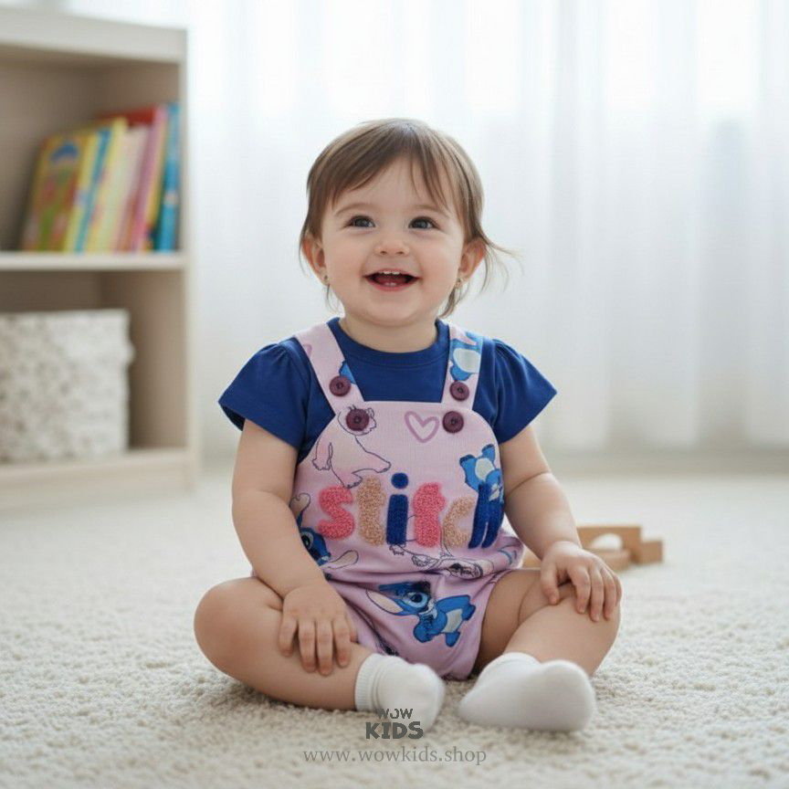 WOW Kids “Sweet Smile” 100% Cotton Pink Dungaree for Girls – Soft, Playful & Stylish Outfit Image