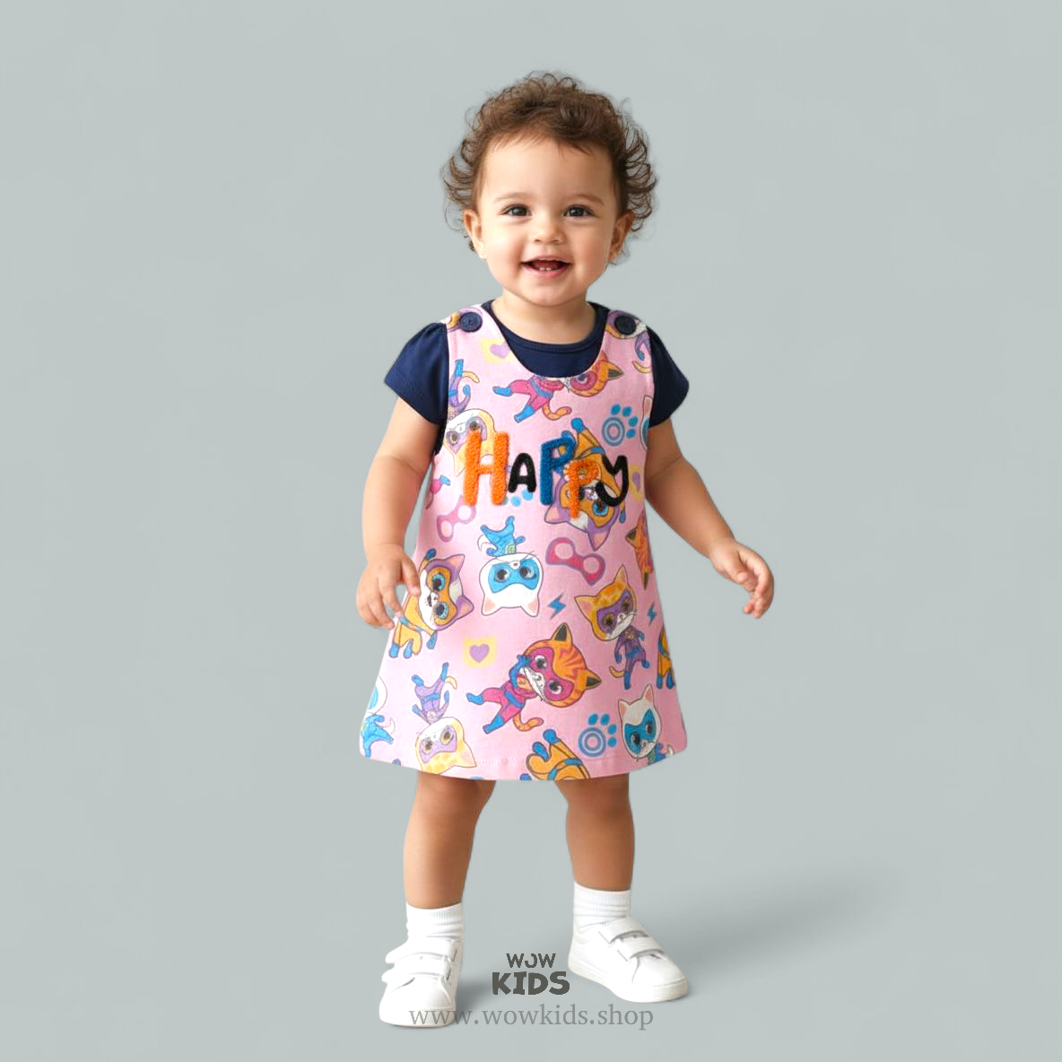 WOW Kids “Happy Vibes” 100% Cotton Pink Dungaree Dress for Baby Girls – Soft, Stylish & Playful Wear Image