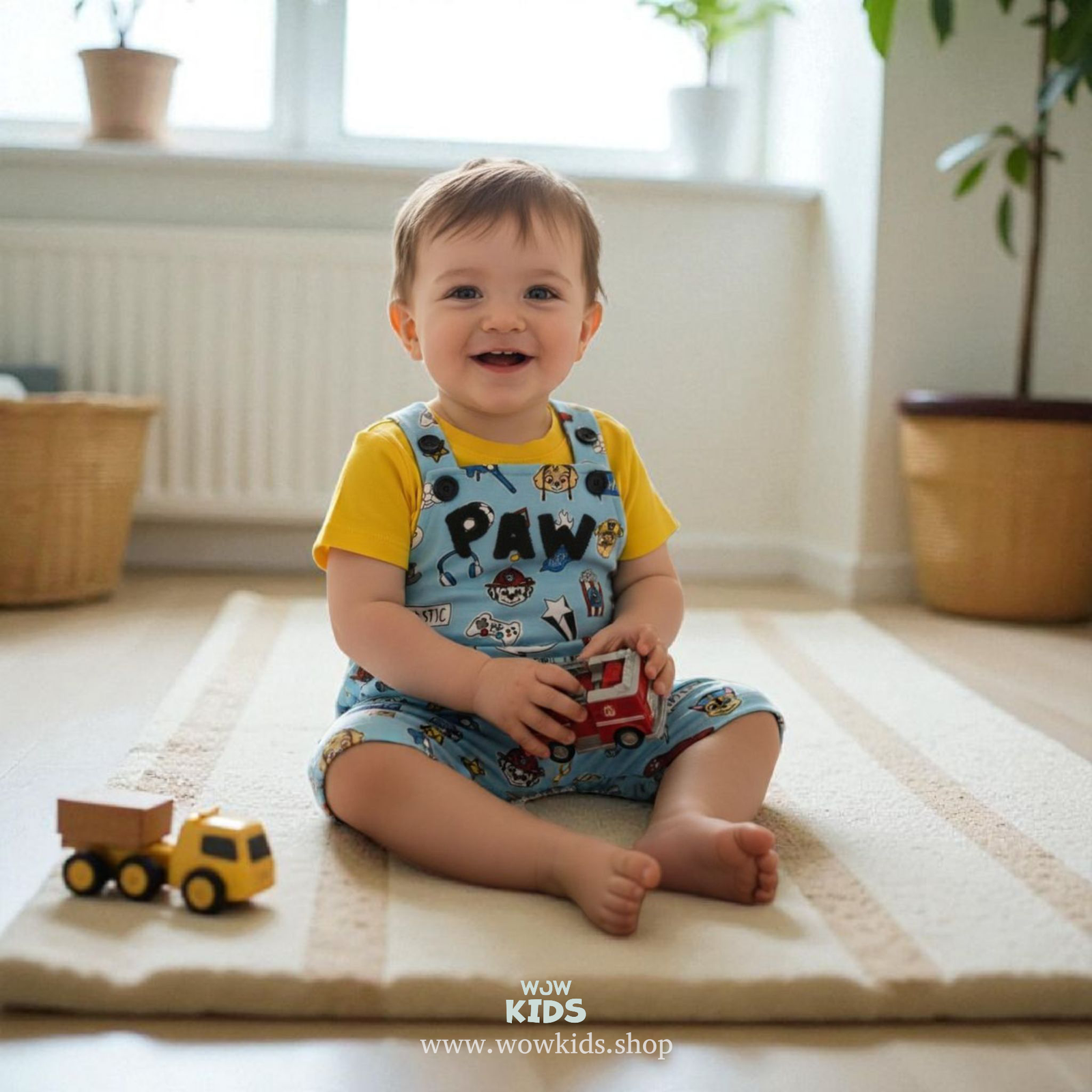 WOW Kids 100% Cotton Blue Cartoon Print Unisex Dungaree for Baby Boys & Girls – Soft & Comfortable Playwear Image