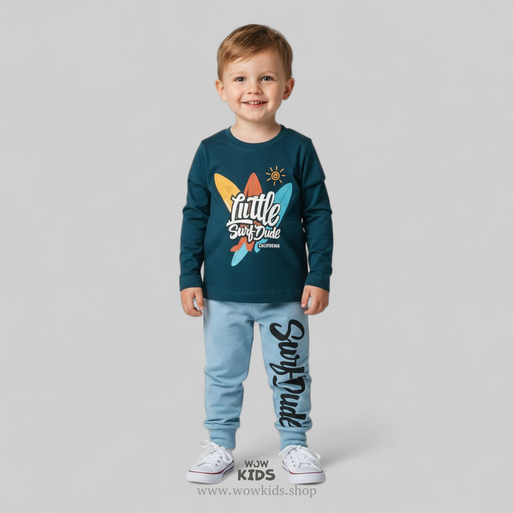 Kids Surf Vibes Cord Set | Cotton Interlock & Loop Knit Cartoon Outfit Image