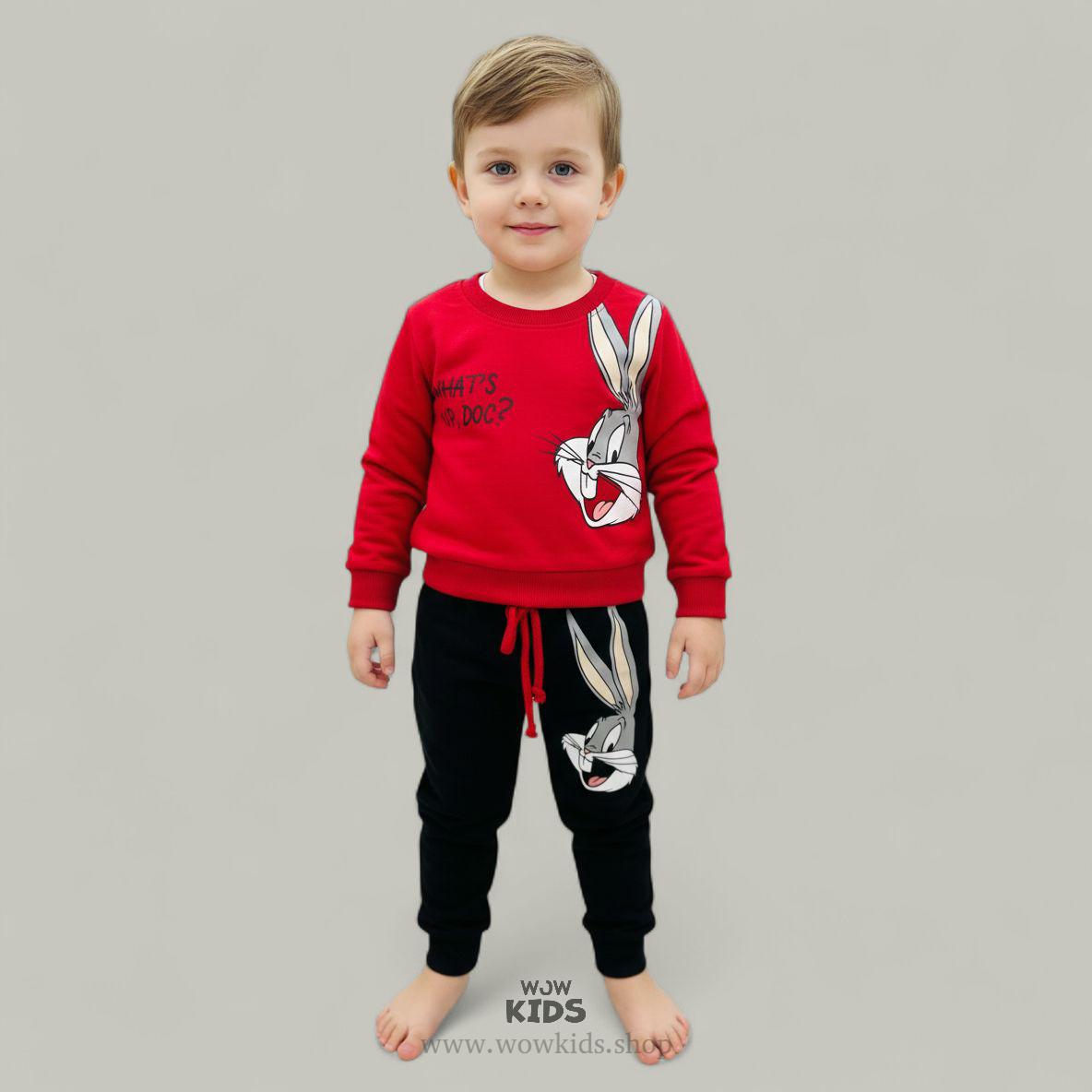 Kids Red & Black Cartoon Cord Set | 100% Cotton Loop Knit Outfit Image