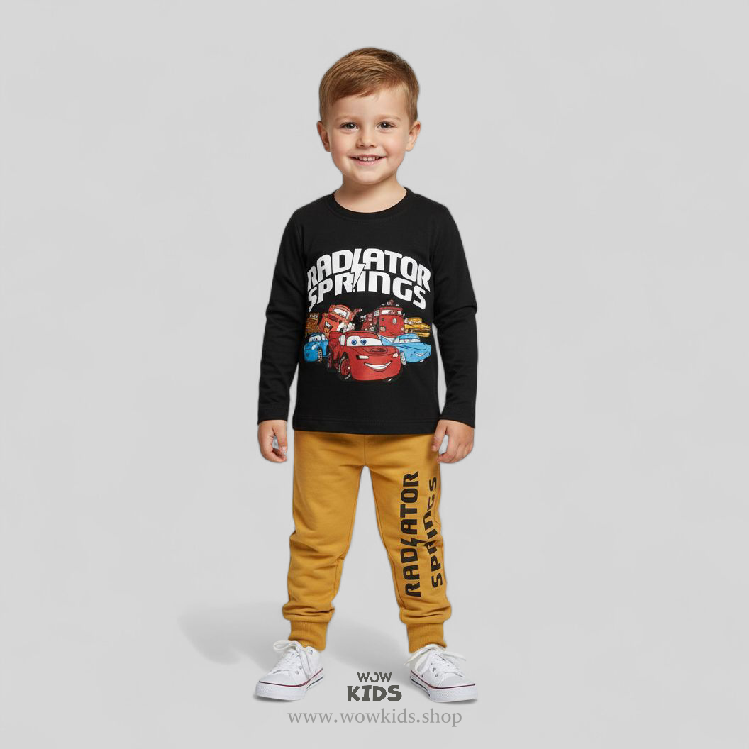 Kids Cars Cartoon Cord Set | Cotton Interlock & Loop Knit Outfit Image