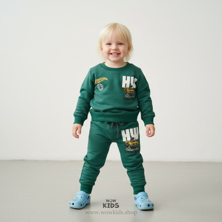 Kids Green Loop Knit Cotton Cord Set | Cartoon Print Soft & Comfy Outfit Image