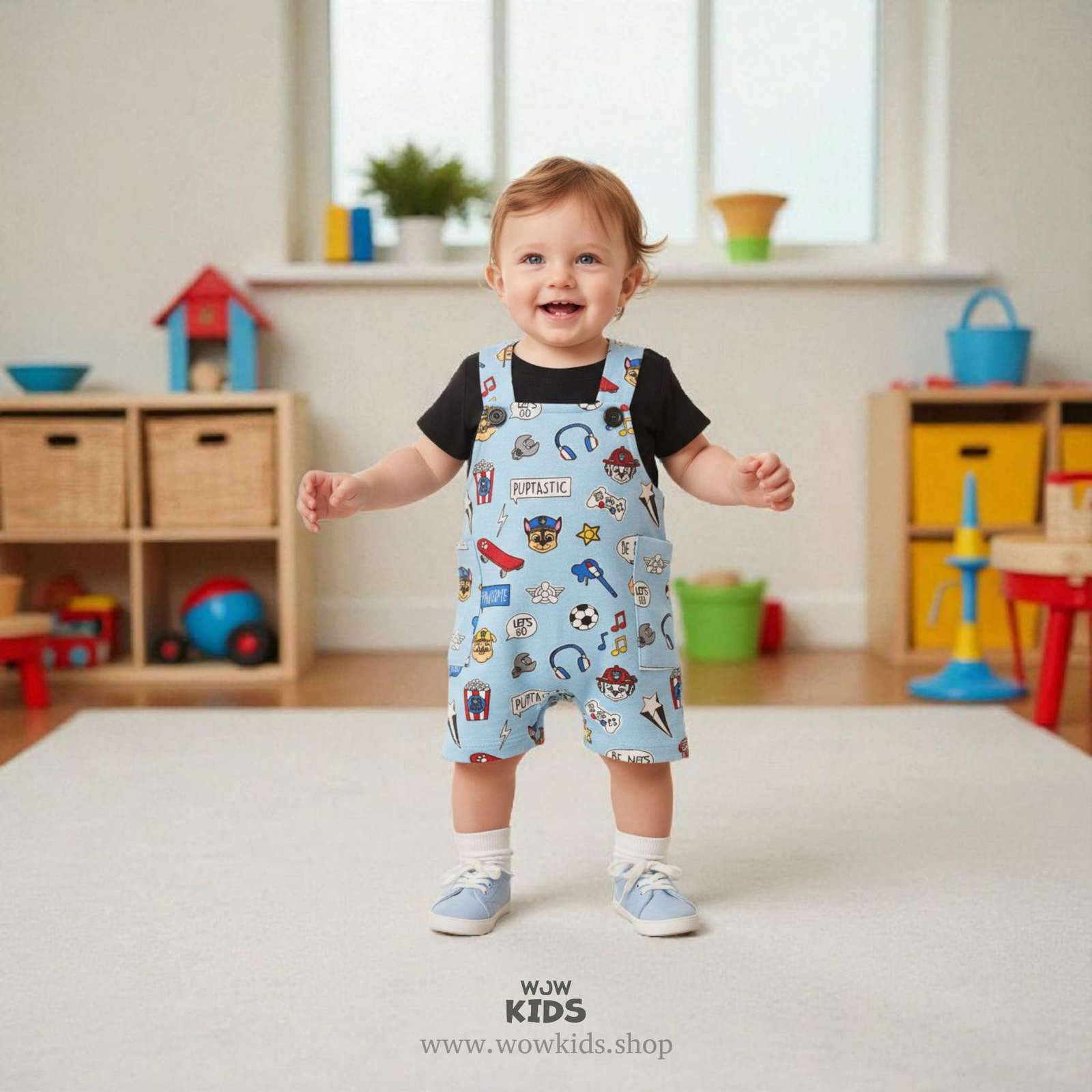 WOW Kids “Playtime Explorer” 100% Cotton Blue Cartoon Unisex Dungaree – Soft, Comfy & Stylish Babywear Image