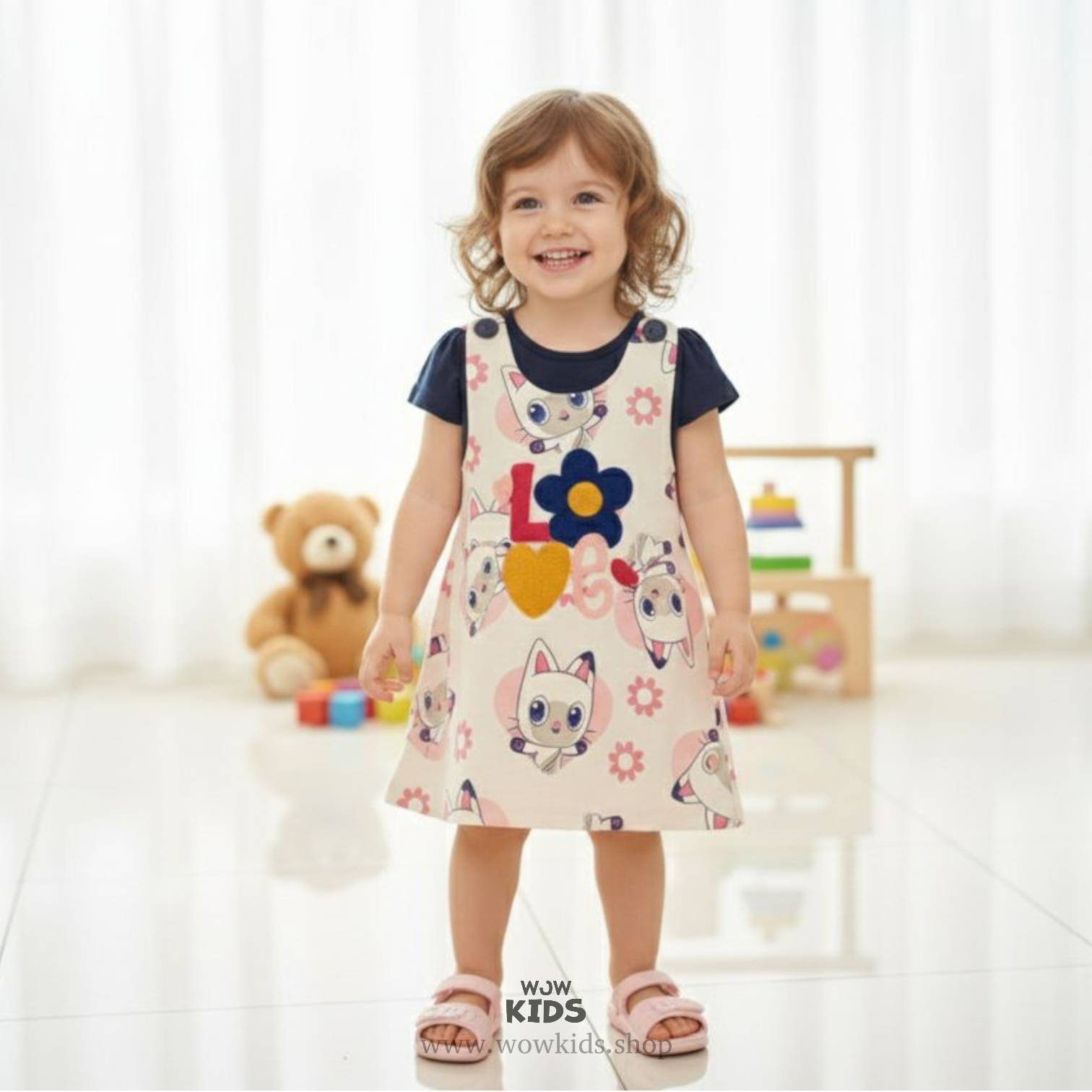 WOW Kids “Love Bloom” 100% Cotton Cream Dungaree Dress for Baby Girls – Soft, Stylish & Playful Wear Image