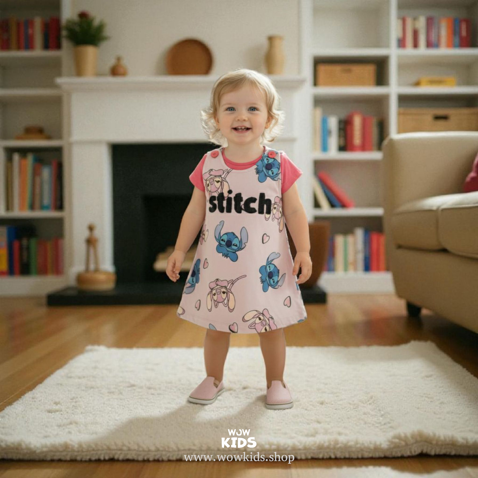 WOW Kids “Stitch Smile” 100% Cotton Pink Dungaree Dress for Baby Girls – Soft, Stylish & Playful Outfit Image