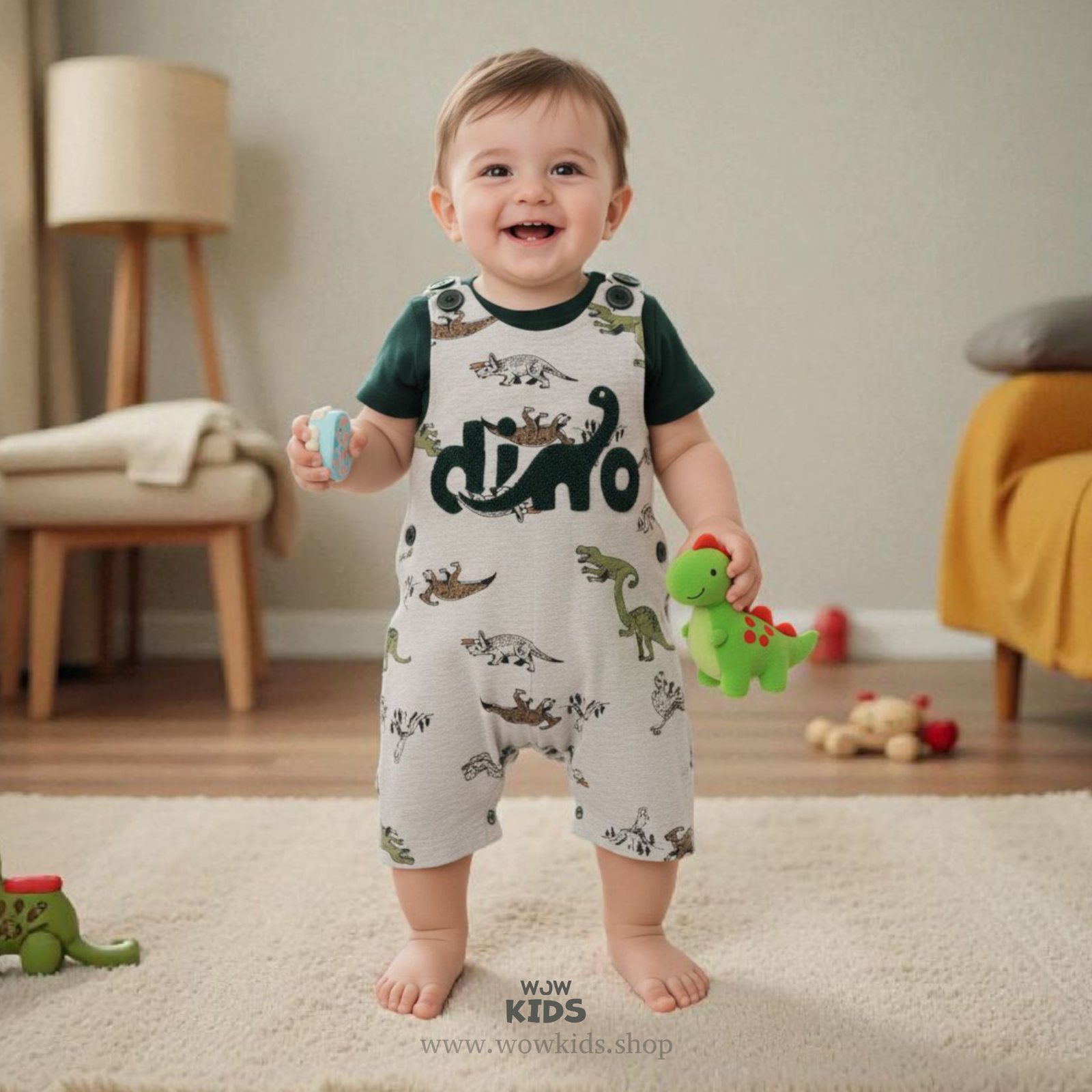 WOW Kids “Dino Explorer” 100% Cotton Grey Unisex Dungaree – Soft, Breathable & Playful Wear for Babies Image