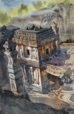 Kailasa Temple, Ellora Caves Watercolor Painting Image