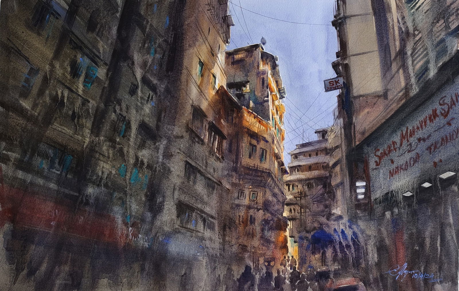 Mumbai Zaveri Bazaar Watercolor Cityscape Painting Image