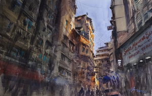 Mumbai Zaveri Bazaar Watercolor Cityscape Painting Image