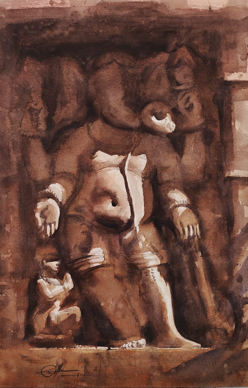 Ganpati Bappa Idol,Watercolor Sculpture Painting Image