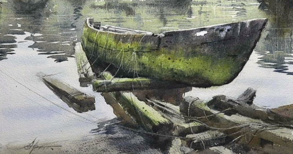 Old Boat Watercolor Painting  Mumbai Diwala Gaon Image