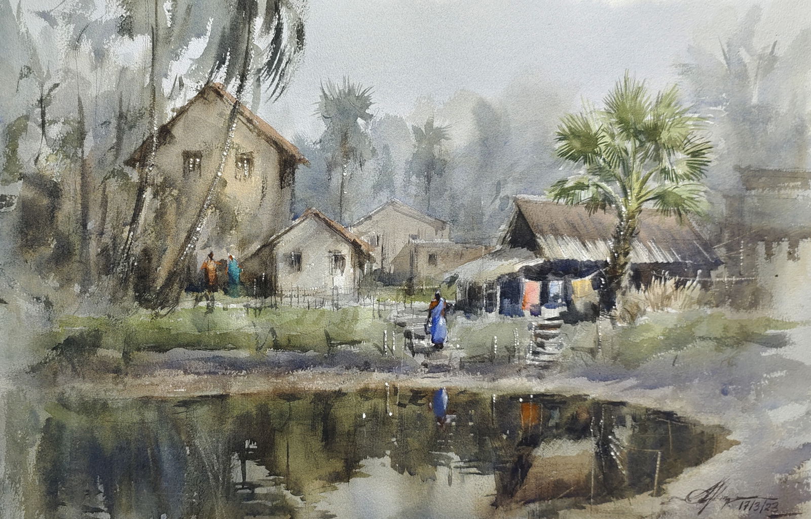 Watercolor Village Scape Painting  Image