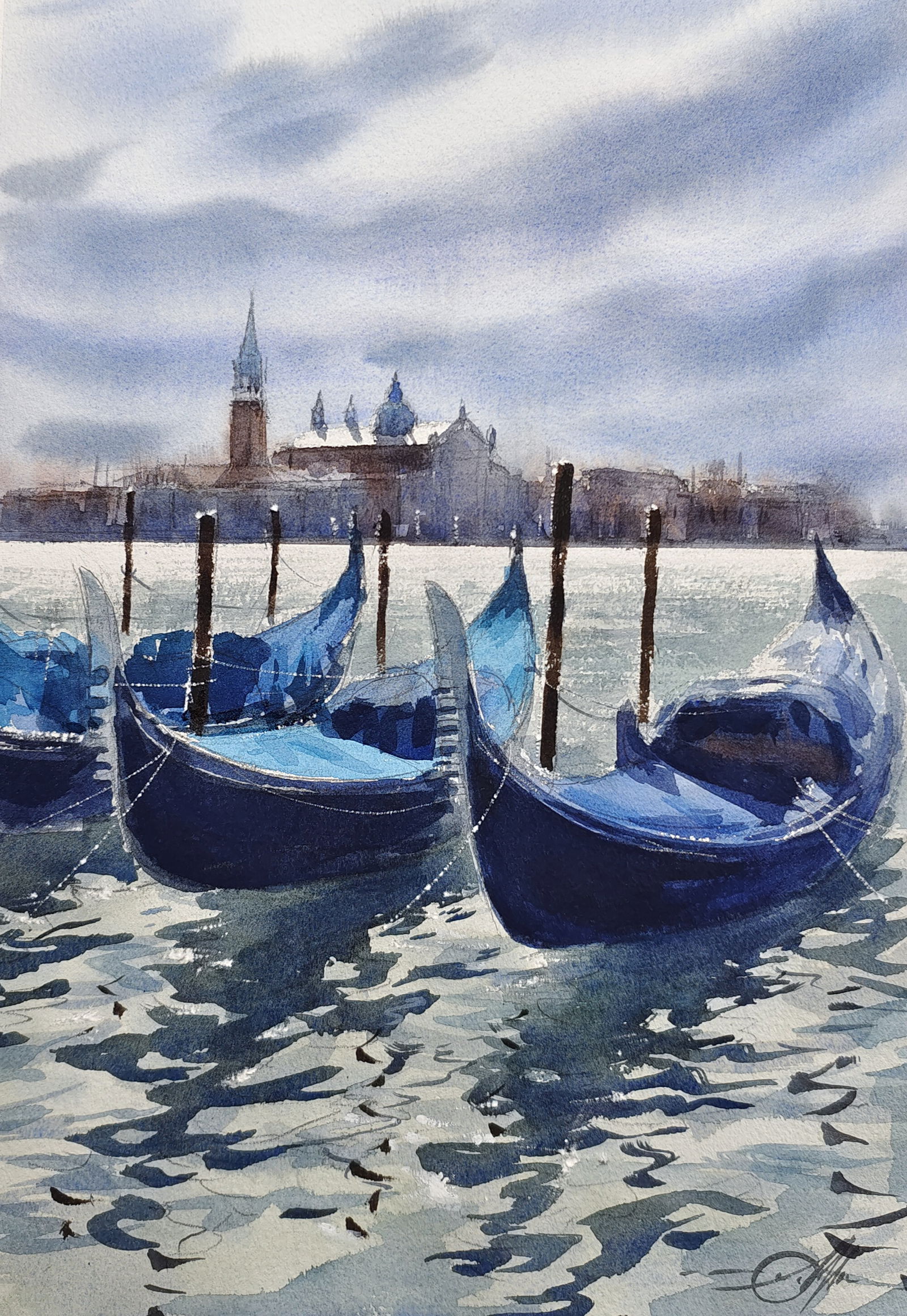 Venice  Beautiful Boat And Reflections Watercolor Painting  Image