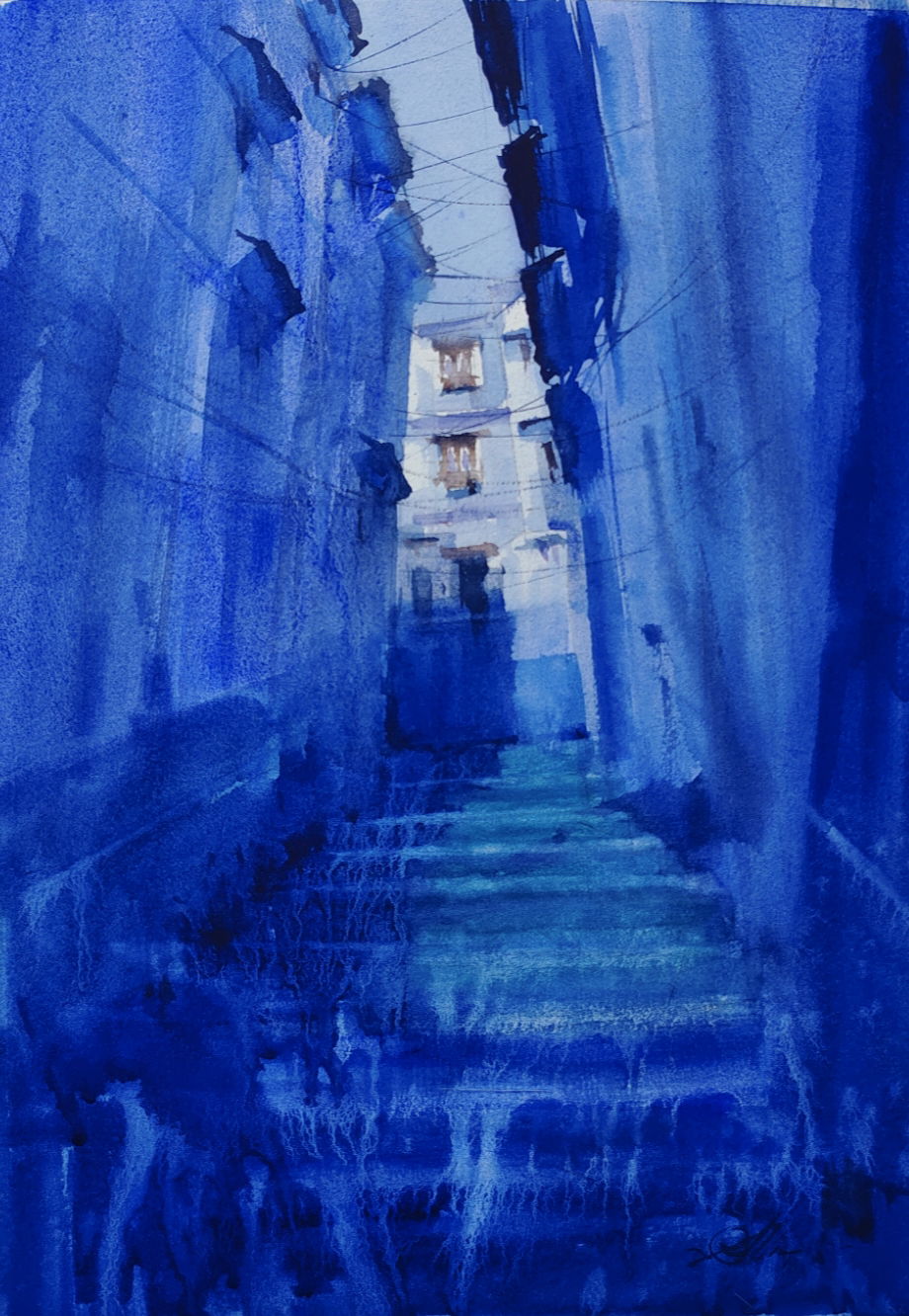 Blue City Watercolor Painting Image